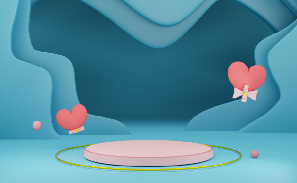 讲台空与蓝色心形气球组成情人节的概念，抽象橱窗背景，3d插图或3d渲染图片下载
