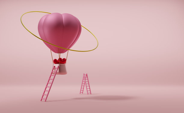 热气球与红心形状的情人节背景在粉色粉彩组成，3d插图或3d渲染图片下载