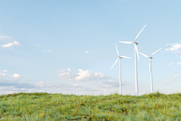 绿色的田野上有几台风力涡轮机。三维渲染图片下载
