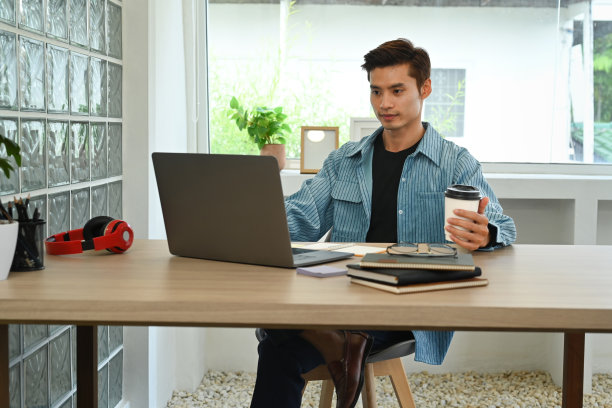 英俊的亚洲男性自由职业者使用笔记本电脑在明亮的创意工作室。图片下载
