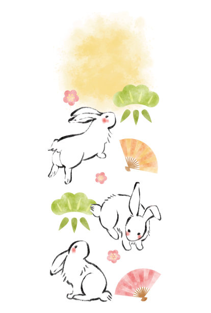 兔年卡，毛笔书写，日式风格，无文字，年卡模板。图片下载