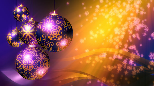 圣诞3D背景。紫色和金色的圣诞装饰和飘落的雪花。图片下载