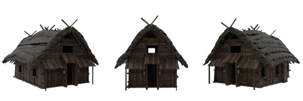 海盗中世纪木结构建筑的三组视图。独立的3D插图。图片下载