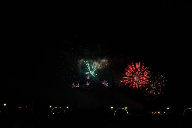 五彩缤纷的烟花在黑暗的天空中绽放，欢庆城市日。图片下载