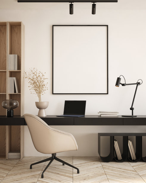 模拟海报框架在现代室内背景，室内空间，家庭办公室，当代风格，3D渲染，3D插画图片下载