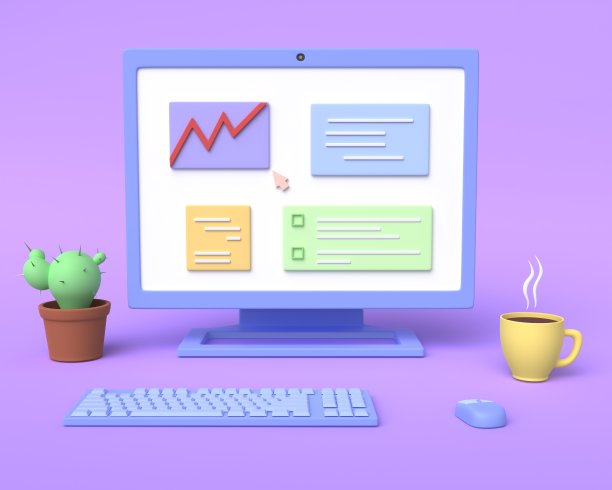 3d电脑，仙人掌和杯子。工作场所的插图。商业和金融分析的主题。三维渲染图片下载