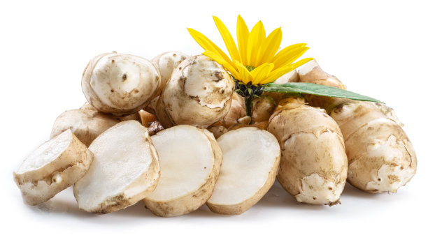 菊芋根与叶和花菊芋孤立在白色背景。图片下载