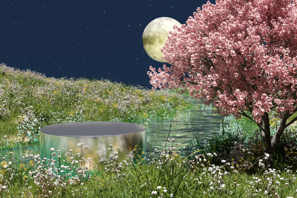 3D渲染，平台和自然平台背景的河流与草，花田，樱花树，月亮，星星在晚上的产品摊位展示广告化妆品或护肤品图片下载