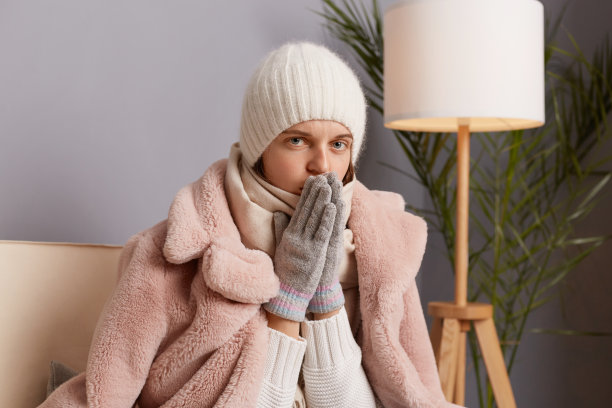 室内拍摄的冻女人坐在家里的沙发上，穿着冬衣，戴着帽子和手套，在寒冷的房子里暖着手，看着镜头，已经冷了。图片下载