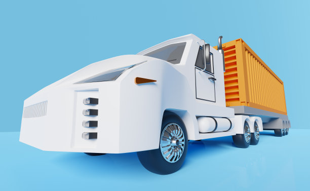 白色牵引车和橙色拖车或半卡车与集装箱，3d插图或3d渲染图片下载