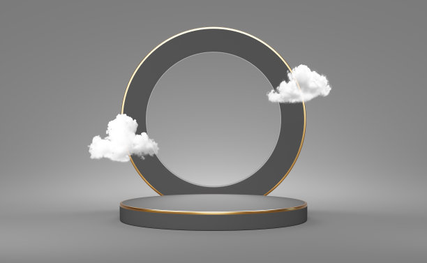 黑色讲台空和云的几何形状在灰色组成的现代舞台展示和极简主义的模型，抽象的橱窗背景，概念3d插图或3d渲染图片下载