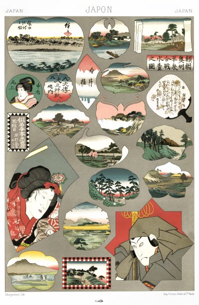 日本- cartouch(20个图案)，由1886年的彩色装饰。图片下载