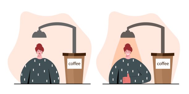 一组描述咖啡提神的力量。女孩站在咖啡的淋浴下，慢慢醒来。矢量插图。图片下载