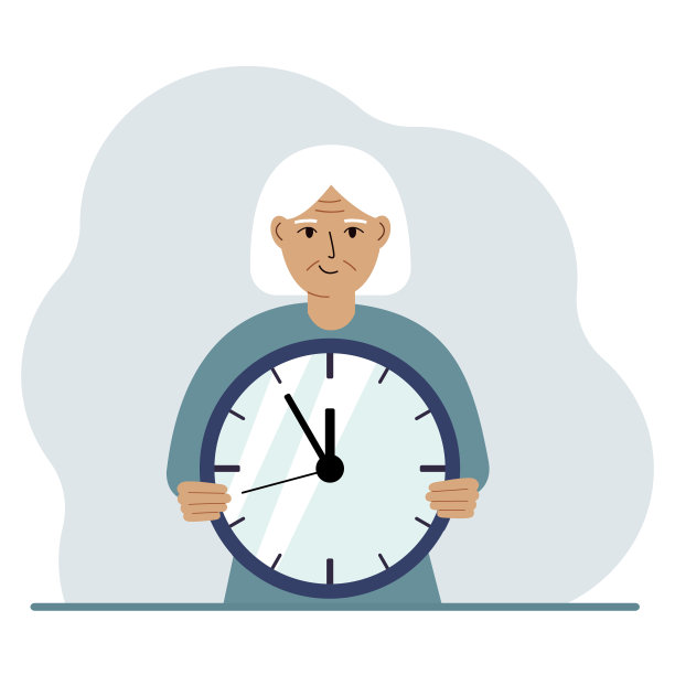 老妇人手里拿着一只大钟。时间管理，计划，组织工作时间，有效的业务，截止日期。图片下载