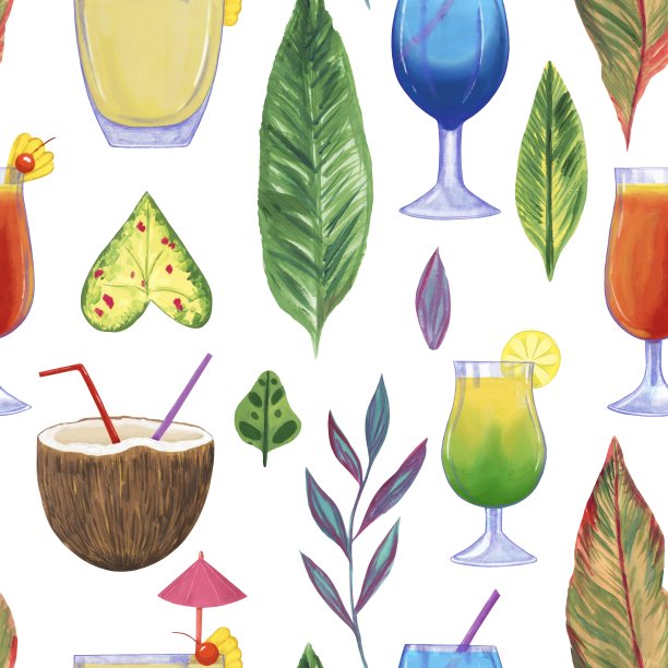 热带树叶和鸡尾酒的无缝模式。热带明亮的背景。手绘图片下载