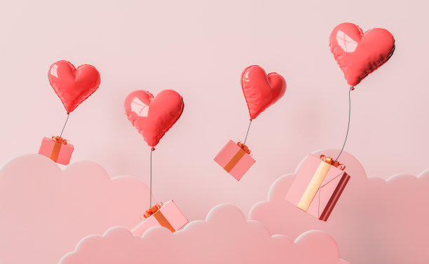 礼品盒上挂着心形气球图片下载