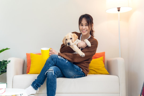 年轻的亚洲女子与可爱的小狗狗和主人在家里的客厅一起度过了愉快和放松的时光。女性和宠物喝咖啡的友谊。图片下载