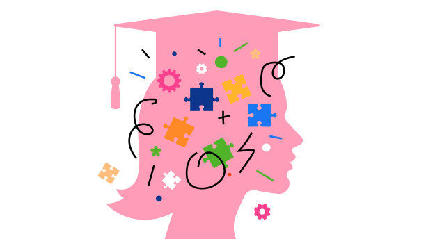 教育理念与大学生心理健康。女学生，脑子里有五颜六色的元素。充满活力的谜题，齿轮，涂鸦。现代抽象插图封面，海报，横幅。图片下载
