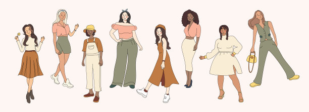 一群穿着时髦服装的形形色色的年轻现代妇女。城市街头风格的休闲时尚服装。一群不同国籍的妇女。手绘人物彩色矢量插图。图片下载