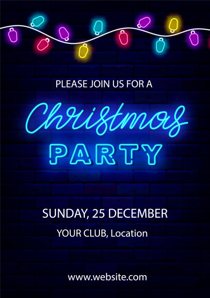 圣诞派对霓虹垂直海报。砖墙上的灯泡花环装饰。矢量股票插图图片下载