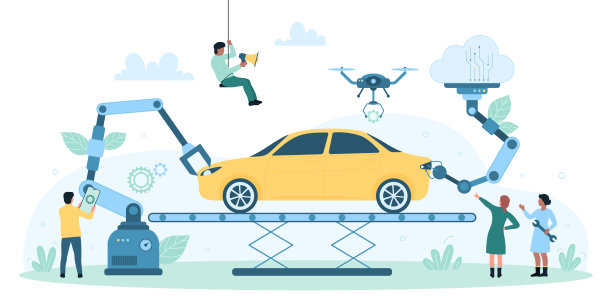 汽车工厂生产，微型传送带自动组装汽车图片下载