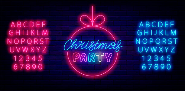 圣诞派对霓虹标签。明亮的粉色和蓝色字母。圣诞树球架。矢量图图片下载