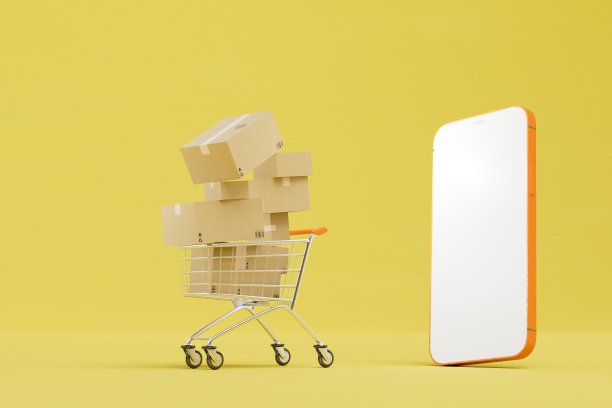在网上订购包裹。智能手机和黄色背景的购物车里装有包裹的盒子。三维渲染图片下载