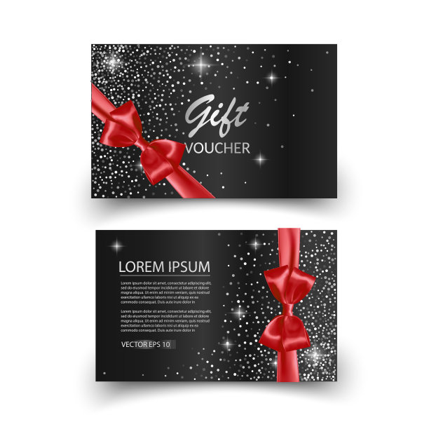 一套闪亮的礼券与现实的红色蝴蝶结。矢量模板礼品卡图片下载