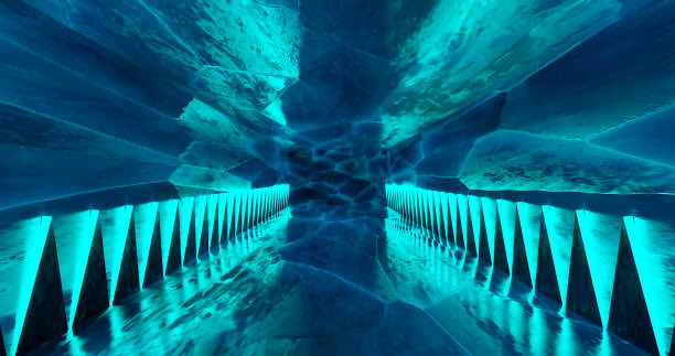 3D渲染插图。复古的俱乐部。空无一物的霓虹灯。光隧道。科幻现代未来激光束。发光的蓝色潘通背景图片下载