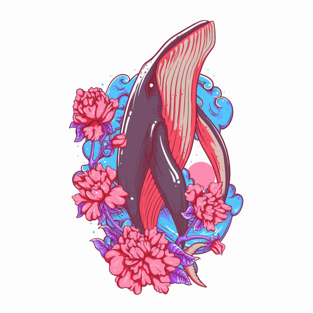 矢量插图彩色的鲸鱼显示在海浪复古插图图片下载