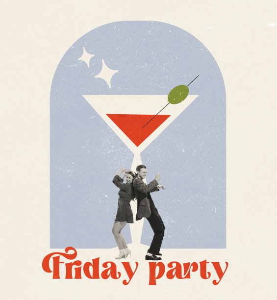 当代艺术品。复古风格的创意设计。时髦的年轻人，男人和女人在美味的鸡尾酒旁跳舞。玩得开心图片下载