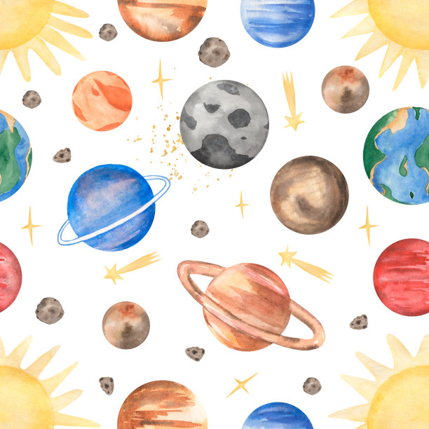 水彩空间无缝纸，行星，星星，月亮，宇航员纸，织物重复图案，男孩印刷设计，宇宙印刷，剪贴簿图片下载
