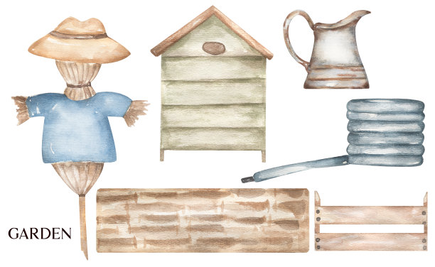 水彩手绘花园插图集，可爱的花园假剪贴画，蓝色软管夹艺术，砖栅栏，旧金属罐，绿色蜂房，乡村元素剪贴簿图片下载