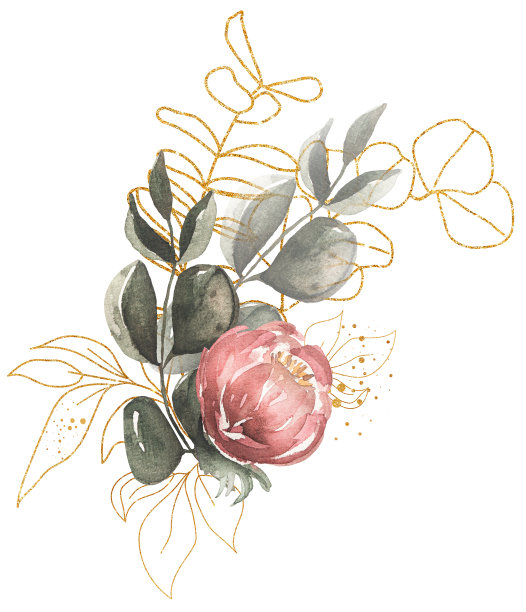 绿色植物，金色的花朵和红色的牡丹花束插画，水彩桉树剪贴艺术，灰色的树叶剪贴画，绿色的叶子，花婚礼邀请，标志设计图片下载