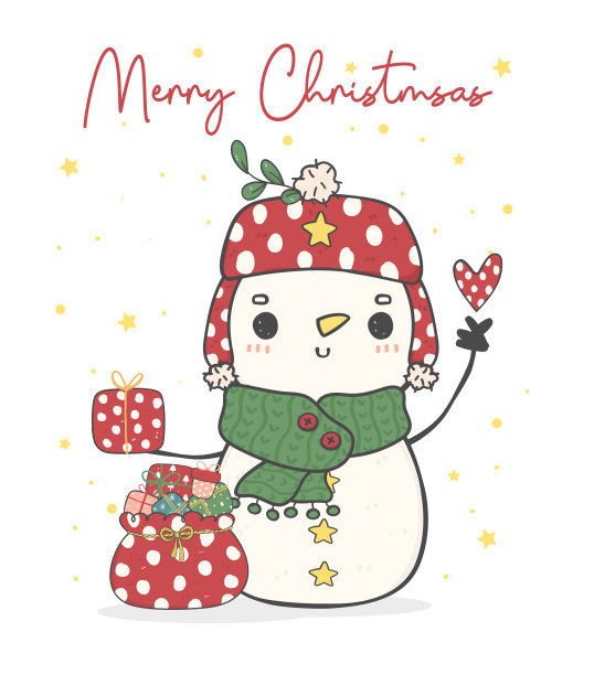 可爱快乐的雪人在冬天围巾和帽子的礼物袋和迷你心，圣诞快乐涂鸦卡通画矢量图片下载