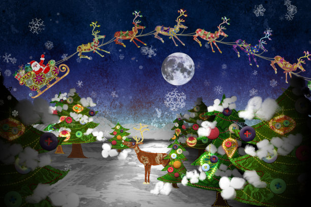 圣诞老人与他的雪橇和驯鹿:混合媒体拼贴风格的圣诞插画。图片下载