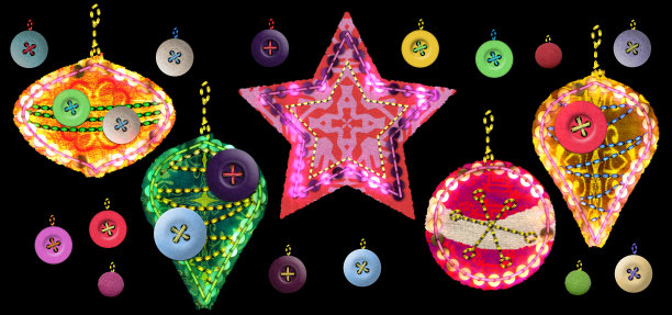 带有纽扣和缝线的织物圣诞装饰物，黑色隔离。数码制作的复古插图。图片下载