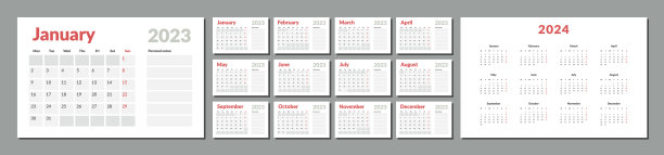 2023-2024日历计划模板，并留有注释的地方。矢量布局的墙壁或桌面简单日历与周开始星期一。日历网格灰色打印图片下载