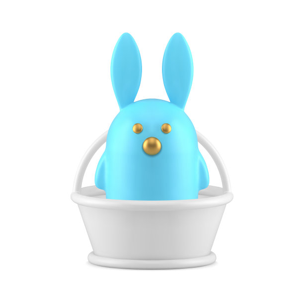 蓝色复活节兔子在白色陶瓷篮子弯曲手柄节日问候礼品3d图标矢量图片下载