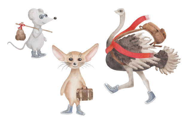 水彩插画手绘狐狸耳廓，鸵鸟鸟，老鼠与包，背包，手提箱。旅行的卡通动物角色图片下载