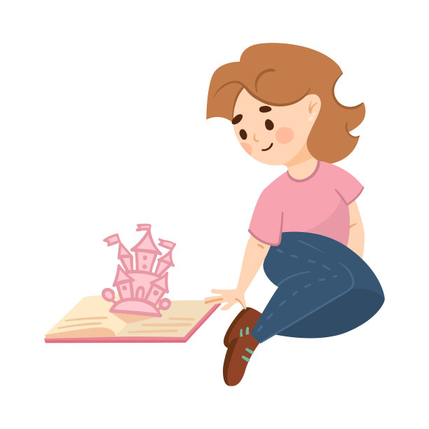 快乐的女孩阅读幻想书卡通插画图片下载