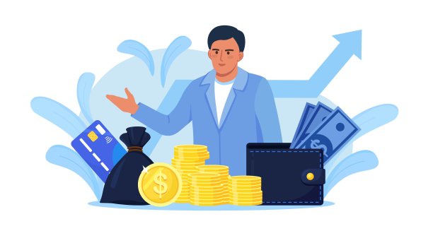 商人与成堆的现金，钱袋和钱包。财务顾问，提供贷款的银行家。成功的投资者或企业家获得收入。财务咨询，投资，储蓄，利润图片下载