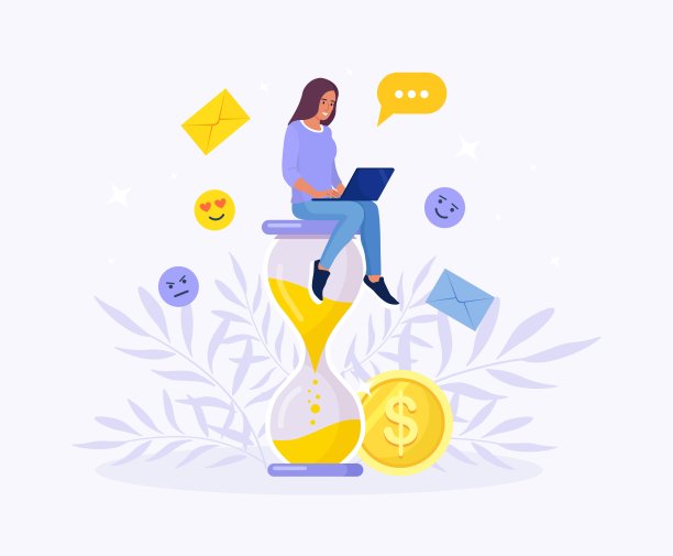 坐在沙漏上用笔记本电脑工作的女人。时间管理，有效计划生产工作，压力任务，截止日期，倒计时。工作时间。多任务处理的概念图片下载