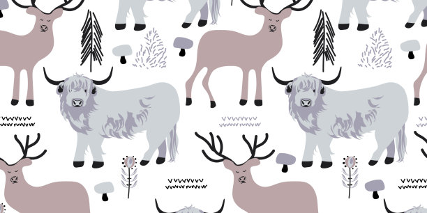 手绘可爱的北欧风格高地牛和驯鹿图片下载