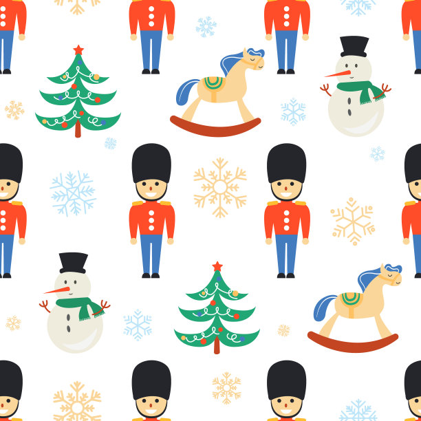 有士兵、雪人和马的圣诞图案。明亮的节日背景。矢量插图。图片下载