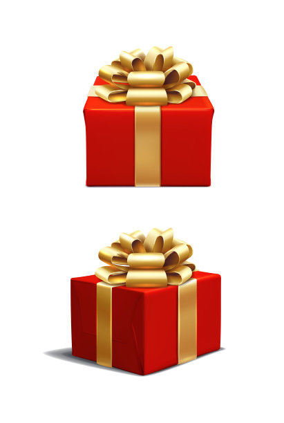 逼真的矢量图标集。红色的rpesent盒子与金丝带和金弓在侧面和前视图。孤立的白色背景。图片下载