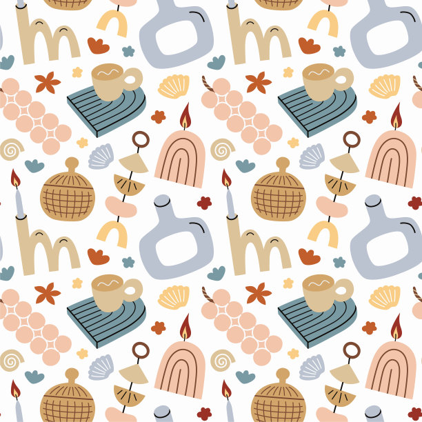 时髦的家居装饰，手绘无缝图案，涂鸦彩色装饰的甜甜圈花瓶，泡沫蜡烛，彩虹杯垫图标图片下载