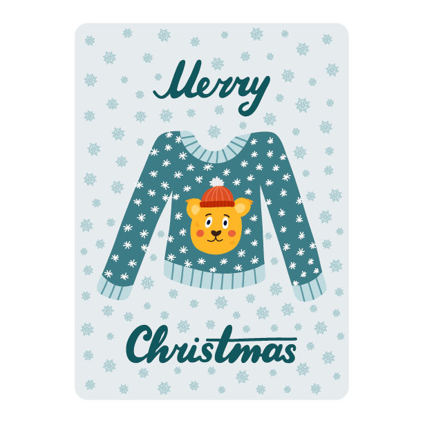 可爱的明信片，圣诞快乐，新年，寒假。海报与可爱的字母，矢量手绘插图针织毛衣与熊和雪花的脸。贺卡模板图片下载