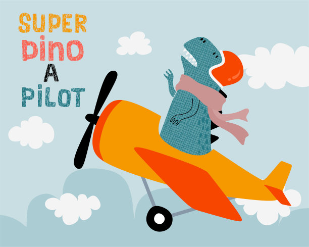 可爱的恐龙在飞机上。卡通矢量插图。图片下载
