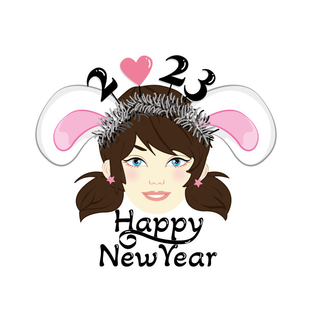 可爱的女孩模仿兔子穿。新年快乐的贺卡图片下载